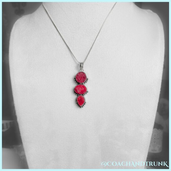 100% ARTISAN 3 SHIMMERING DEEP RED DRUZY STONE PENDANT STERLING NECKLACE - Picture 1 of 7
